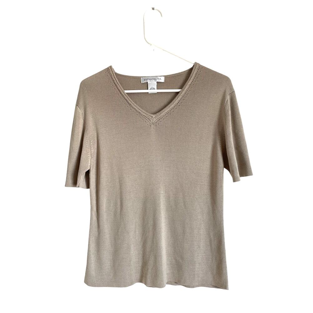 Pursuits Ltd VintageTan Silk Sweater Short Sleeve V-Neck Large Minimalist